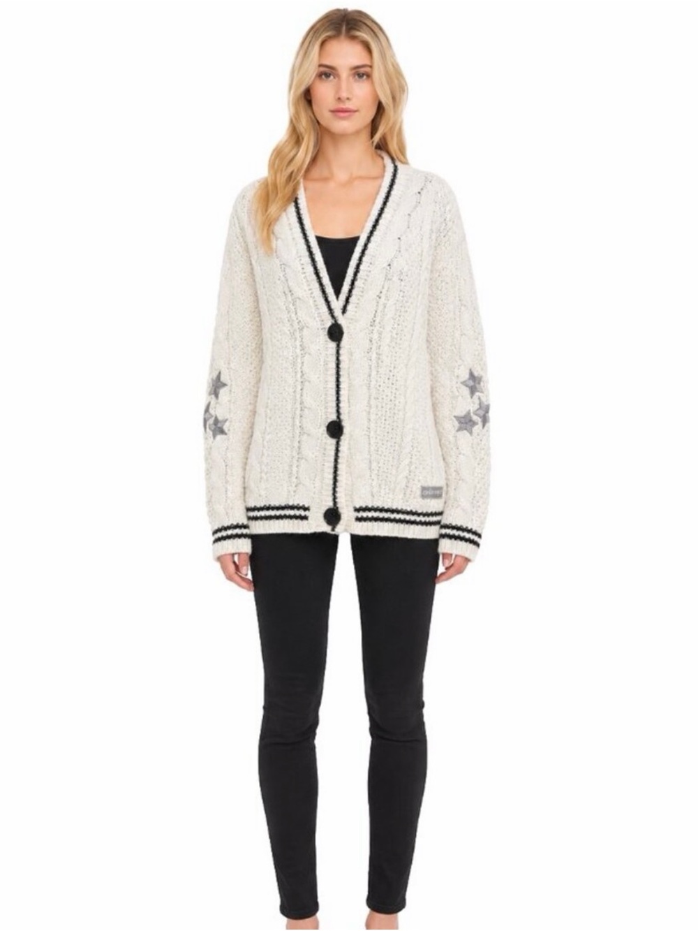 Taylor Swift Cream Cable Knit Cardigan with Black Trim and Gray Star Elbows